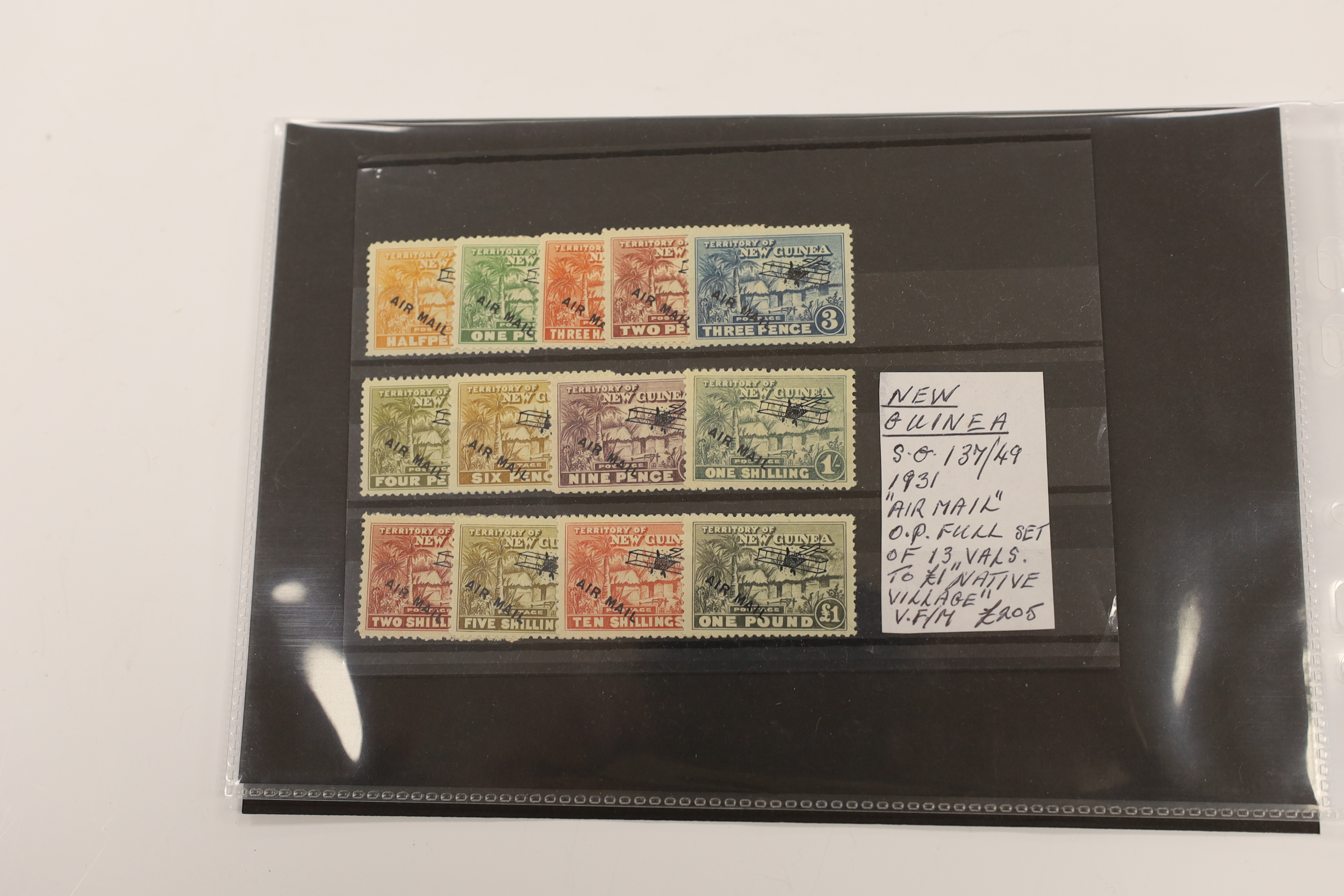 Various stamps including New Guinea 1931 both Overprinted air sets, 1935 £2, 1939 set to £1, New Zealand Q.V. Postal Fiscals to 5/- (2), 6/- and 10/-, 1902 2/- marginal block, Rhodesia 1905 Falls set, Northern Rhodesia 1